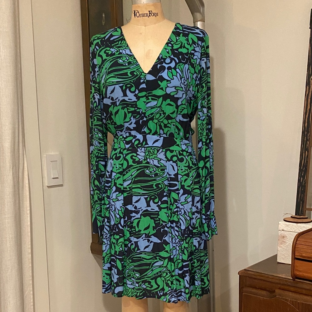 H&M Green and Blue Patterned Long Sleeve Dress